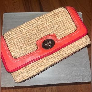 Coach Straw Clutch Wristlet Natural Tangerine Red